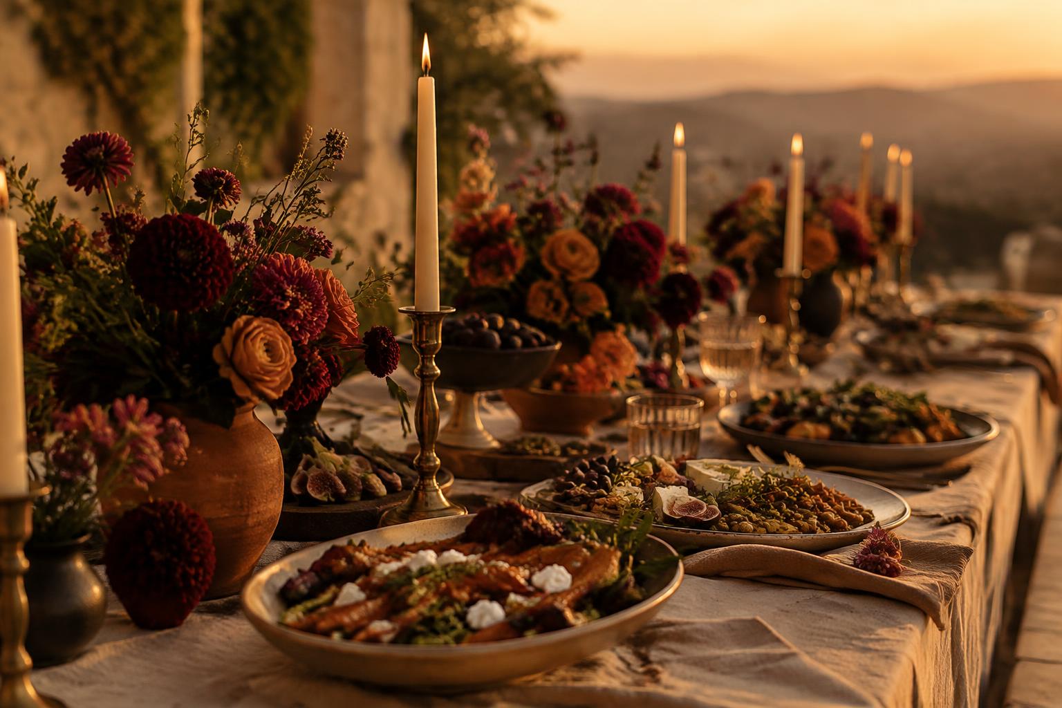 A long catering table set with candles, linens and plated food at golden hour